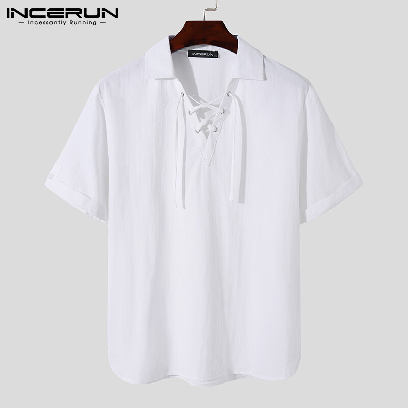 INCERUN Mens Lace Up T Shirt Tops Short Sleeve Cotton Shirts V-Neck Blouses (Casual Wear) #3