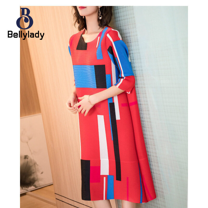 BellyLady Women Summer Fashion Printing Dress Large Size Loose Half Sleeves Round Neck Midi Skirt
