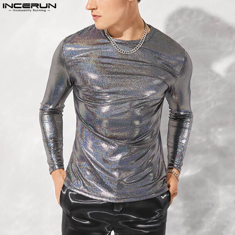 INCERUN Mens Long Sleeve Blouse O-Neck Fit Shiny Party T Shirts (Western Style)