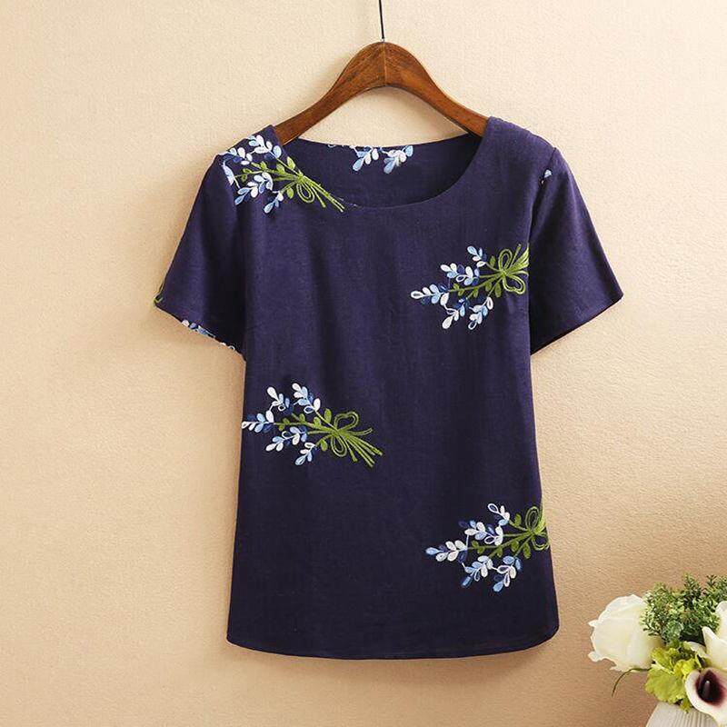 Cotton summer middle-aged women's national wind embroidery flower short-sleeved shirt