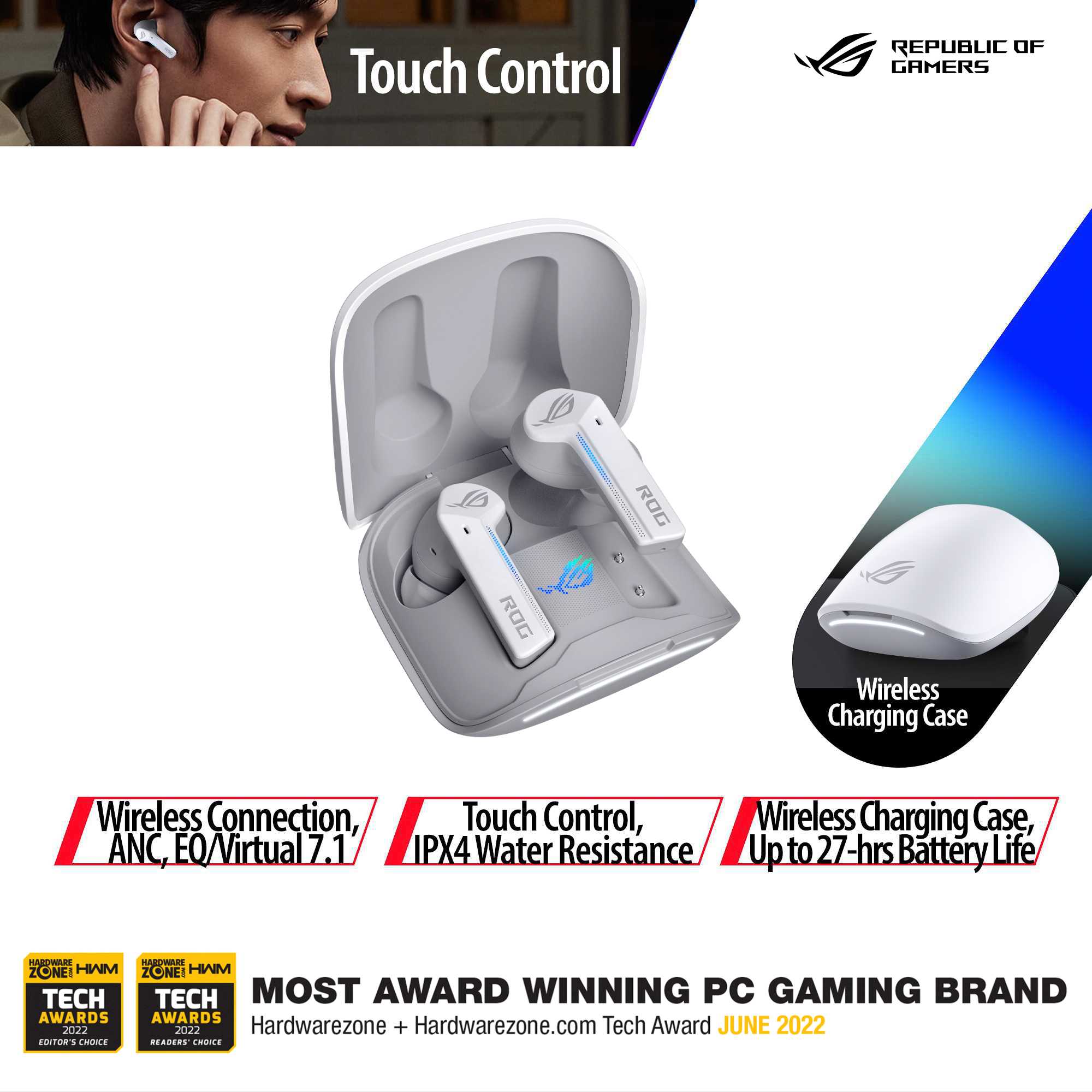 ASUS ROG Cetra True Wireless Gaming Headphones (Low-Latency Bluetooth Earbuds, Active Noise Cancelation, 27-Hour Battery Life, IPX4 Water Resistance, Wireless Charging)- Moonlight White