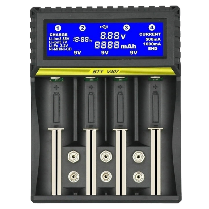 BTY-V407 Battery Charger Li-ion Li-fe Ni-MH Ni-CD Smart Fast Charger for 18650 26650 6F22 9V AA AAA 16340 14500 Battery Charger